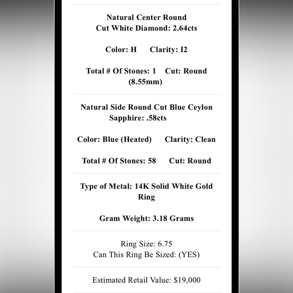 NATURAL ROUND CUT DIAMOND 3.22 TCW & CEYLON SAPPHIRE 14K WHITE GOLD RING - Picture 16 of 16